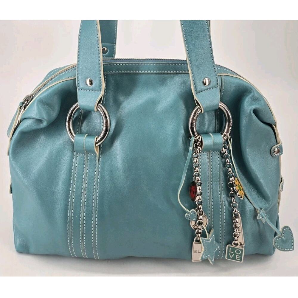Elliot Lucca Teal Leather Festival Shoulder Bag Purse With Bag Charm Heart